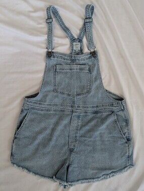 Aerie American Eagle Light Wash Denim Frayed Cut Off Overall Shorts Women's Sz L